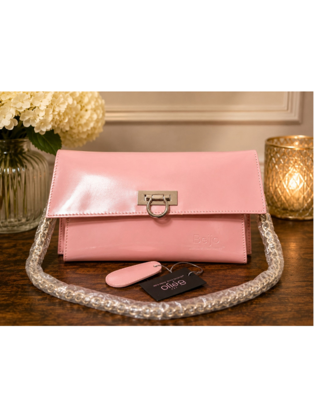 🚨LOW START🚨Beijo REAL LEATHER Pink Clutch with Silver Chain New With Tags